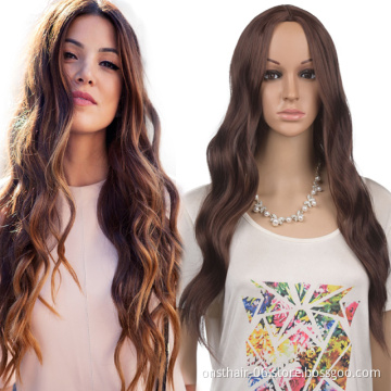 Hot Selling Ombre Brown Dark Blonde Long Wavy Middle Part Hair Wig Cosplay Natural Heat Resistant Synthetic Wig for Women